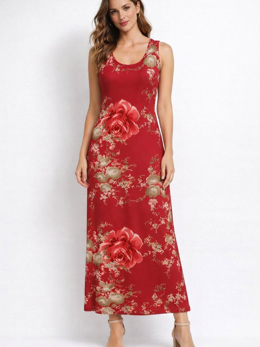 Red Floral Sleeveless Maxi Dress - Elegant Garden Print
